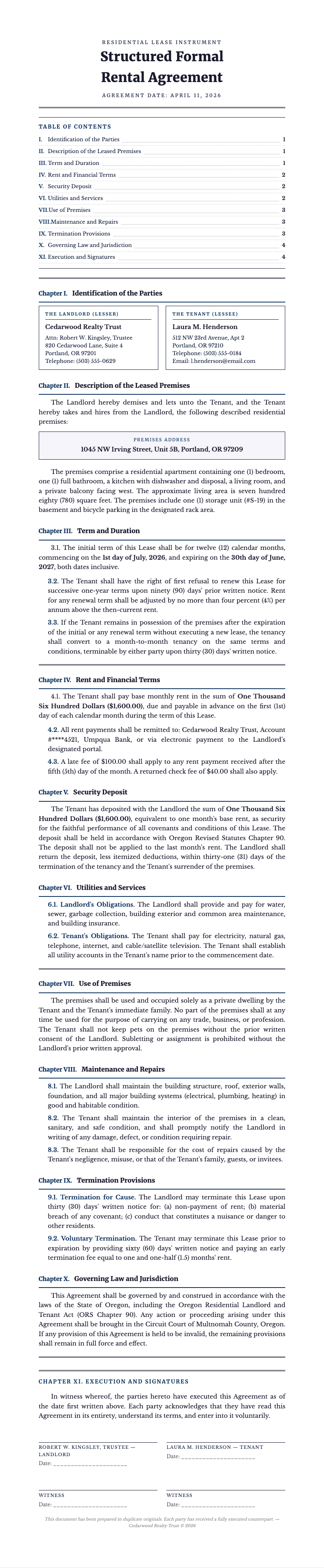 Structured formal rental agreement